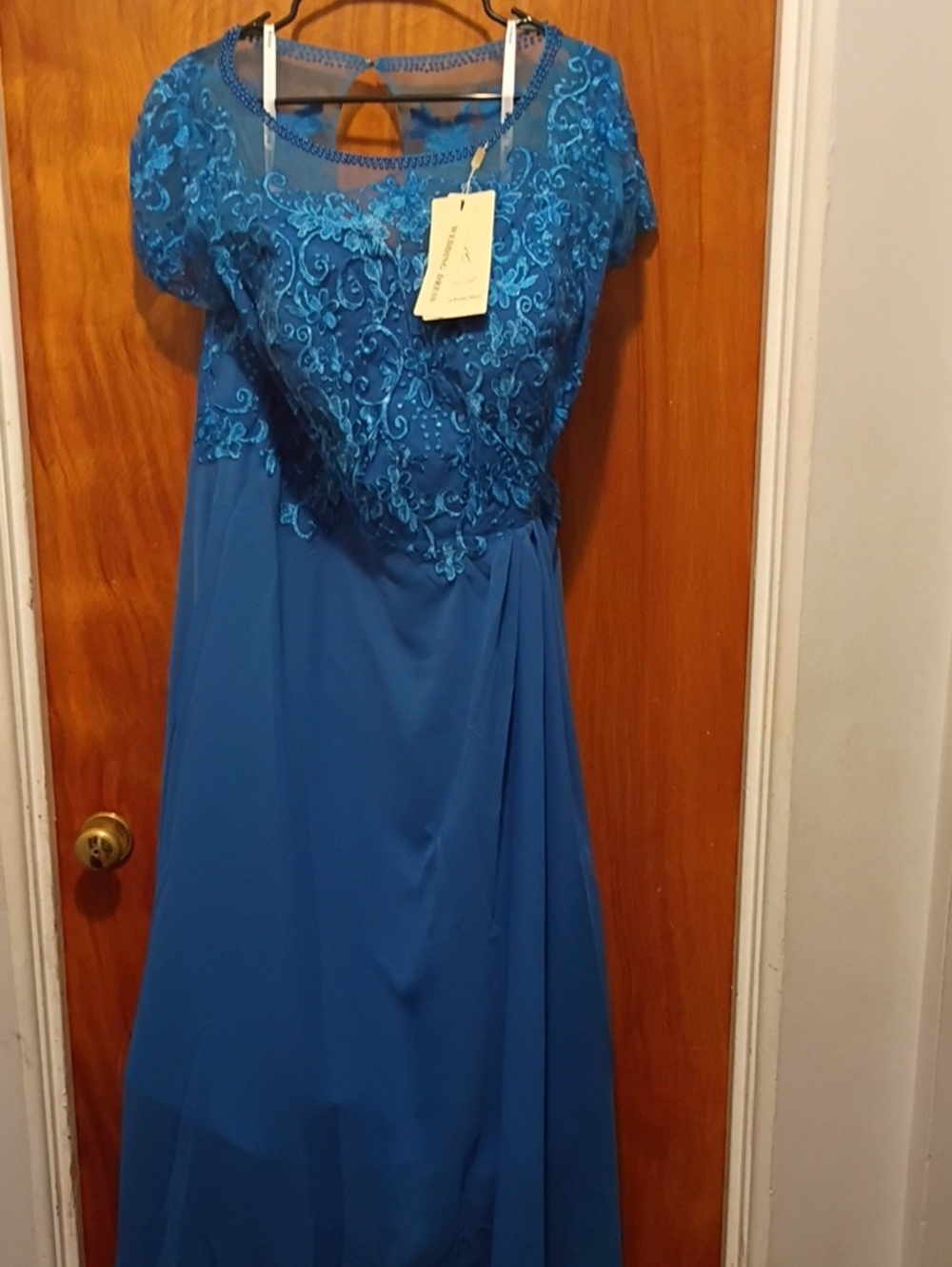 Blue Lace Applique Chiffon Evening Dress